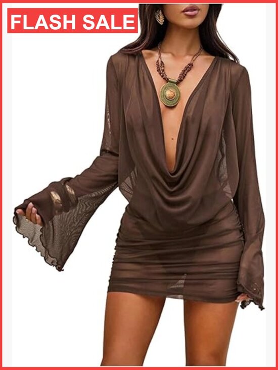 Other - Sheer Mesh Beach Mini Dress Deep V Neck Bell Sleeve Swimsuit Cover Up
